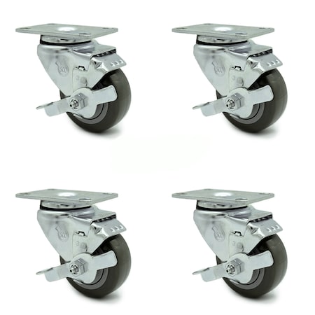 Service Caster 3 Inch Gray Polyurethane Wheel Swivel Top Plate Caster Set with Brake SCC SCC-20S314-PPUB-TLB-TP2-4